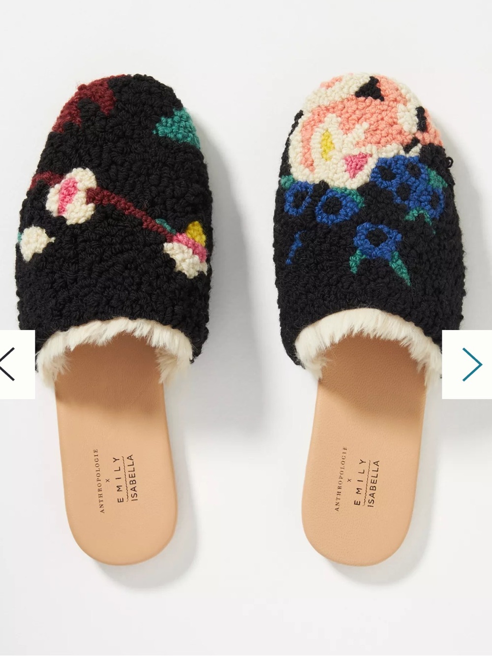Anthropologie Emily Isabella Black Floral Sherpa Slide Slippers